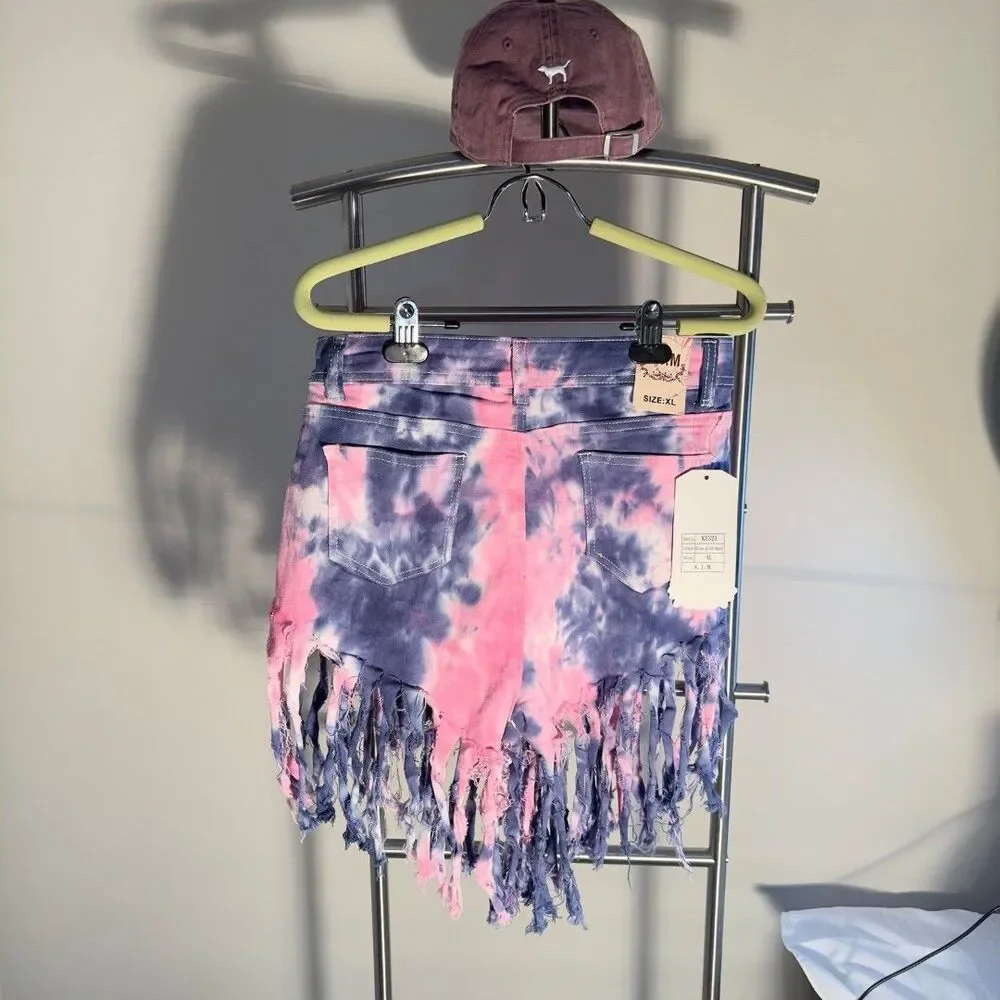 K I M Denim Fringe Shorts In Purple And Pink Tie Dye Print